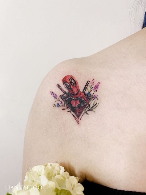 Small Deadpool Tattoo, Deadpool And Wolverine Tattoo, Tattoo Ideas Female Color, Deadpool Tattoo Ideas, Marvel Tattoo Sleeve, Wolverine Tattoo, Deadpool Tattoo, Colour Tattoo For Women, Tatoo Inspiration