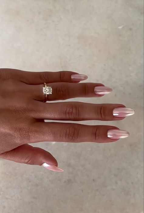 Simple Light Pink Almond Nails, Chrome Pale Pink Nails, Nails That Match Pink Dress, Soft Pink Nails With Chrome, Light Pink With White Chrome Nails, Pearl Chrome Nails Coffin, Pink And Silver Nails Almond, Pink Chrome Short Almond Nails, Nail Inspo Acrylic Almond Short