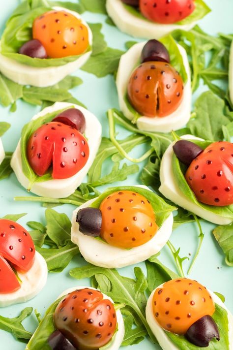 Ladybug Caprese Appetizers Alice In Wonderland Tea Party Food, Ladybug Appetizers, Ladybug Snacks, Deviled Strawberries, Bug Food, Caprese Appetizer, Hors Devours, Fruit Wreath, Amazing Food Art