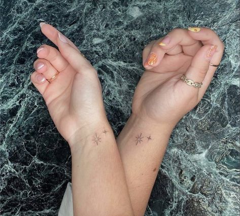 Two Sparkle Tattoo, North Star Matching Tattoos, Disney Star Tattoos For Women, Stars On Ankle Tattoo, Sparkle Tattoo On Finger, Small Star Wrist Tattoos, Sparkle Star Tattoo Hand, Small Twinkle Tattoo, Name Tattoos With Stars