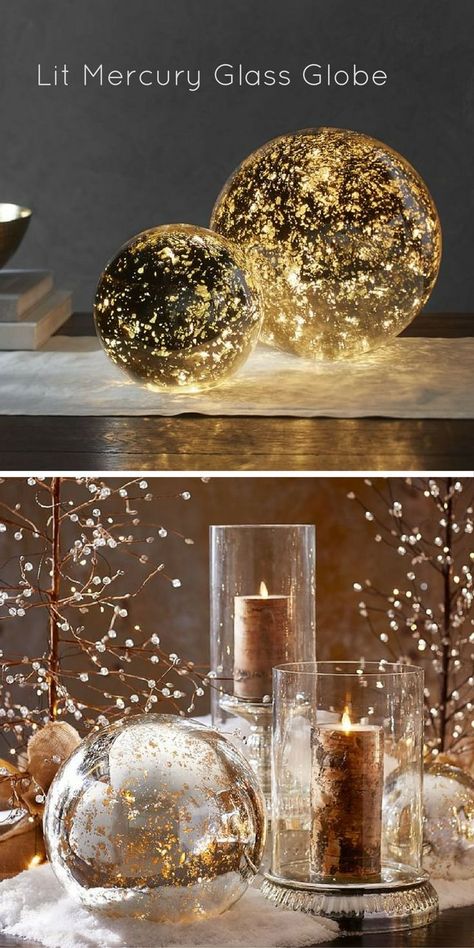 Blown-glass balls with antique mercury finish light up for a warm winter display | Decorations | Home Decor | Mercury Glass | Sparkle | Ad #homdecor #decorations Mercury Glass Lighting, Winter Display, Mercury Glass Diy, Glass Balls, Christmas Decorations Diy Outdoor, Good Cheer, Wood Candles, Winter Home Decor, Ball Lights