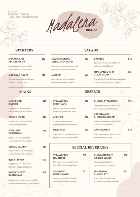 Hand-drawn Madalena Rustic Bistro Menu Restaurant Menu Design Layout, Menu Design Layout, Food Catalog, Bistro Menu, Menu Layout, Restaurant Menu Template, Restaurant Menu Design, The Editor, Brand Kit