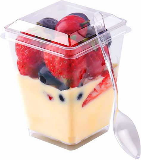 Amazon.com | 50Pack 4.5oz Square Clear Plastic Dessert Cups with Lids and Spoons Mini Tumbler Serving Cups for Tasting Party Desserts Appetizers Fruit Parfait Trifle Mousse Pudding: Dessert Bowls Dessert Cups With Lids, Plastic Dessert Cups, Fruit Trifle, Mini Dessert Cups, Mini Dessert, Dessert Cups, Trifle, Clear Plastic, Spoons