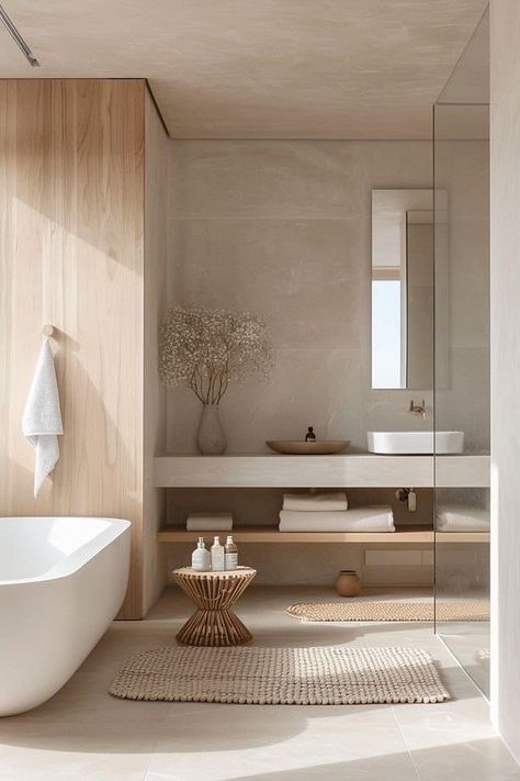 Apartment Bathroom Bathtub, Minimalist Bathroom With Bathtub, Bathroom Inspiration Neutral, Different Bathroom Aesthetics, Natural Bathroom Decor Ideas, Light Airy Bathroom Ideas, Interesting Bathroom Ideas, Natural Color Bathroom Ideas, Organic Modern Master Bath