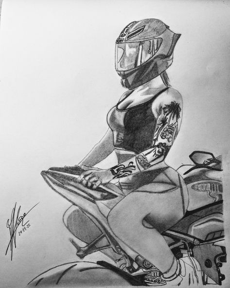 Biker Girl Drawing, Motocross Drawing, Biker Drawing, Batman Art Drawing, Bike Art Print, Fruit Art Drawings, Abstract Pencil Drawings, Motorcycle Drawing, Bike Drawing