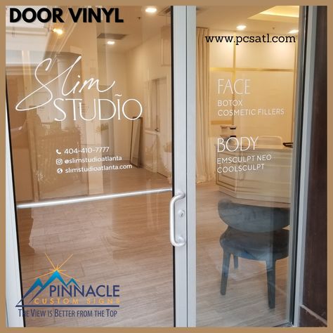 Slim Studio Atlanta is moving into a new location! They've kept us busy with their signage needs! Seth recently finished the Door and Window Vinyl at the Andrews Square Location in Buckhead! #betterfromthetop #signs #signshop #vinyl #windowvinyl #doorvinyl #windowgraphics Salon Window, Cosmetic Fillers, Door Signage, Botox Cosmetic, Beauty House, Window Graphics, Window Signs, House Of Beauty, Boho Beauty