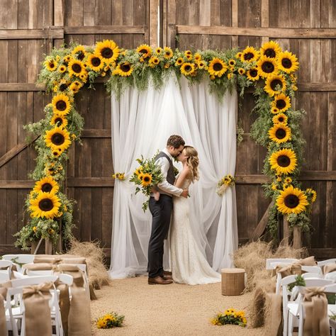 17 Ideas for a Sunflower Themed Wedding - Yeah Weddings Sunflower Yellow Wedding Theme, Sunflower Wedding Venue Ideas, Diy Sunflower Wedding, Sunflower Party Ideas, Burgundy And Sunflower Wedding, Sunflower Wedding Arch, Sunflower Fall Wedding, Sunflower Wedding Ideas, Sunflower Boutonniere