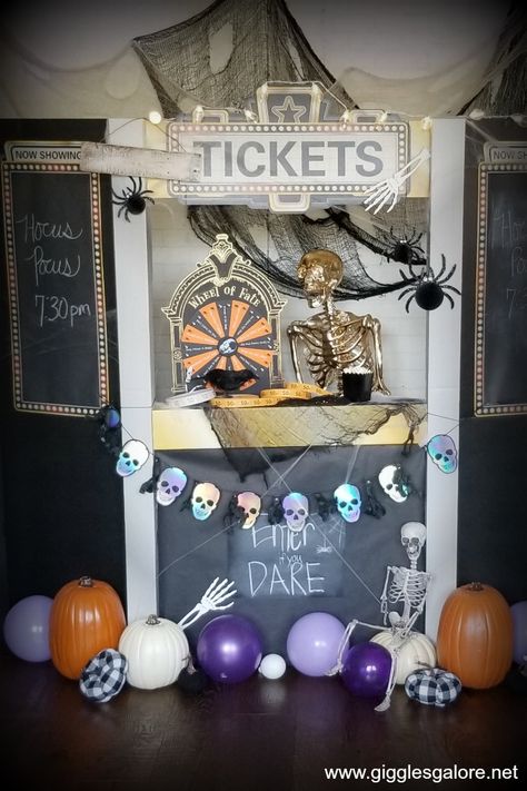 Haunted Movie Theater Decorations, Haunted Theater, Theatre Ticket Booth, Halloween Booth, Halloween Movie Night Party, Movie Theater Party, Ticket Ideas, Theater Ticket, Haunted Movie