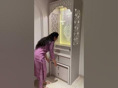 Pooja Unit With Sliding Door, Pooja Wardrobe, Mandir Design Puja Room, Mandir Interior Design, Mandir Interior, Home Mandir, Pooja Door, Puja Ghar, Pooja Door Design