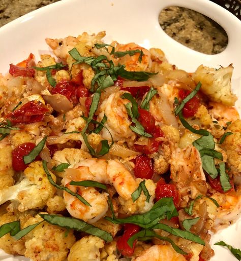 Roasted Shrimp and Cauliflower Shrimp And Cauliflower Recipes, Cauliflower And Shrimp Recipes, Shrimp Zucchini Recipes, Canned Tomato Recipes, Shrimp Cauliflower, Roasted Grape Tomatoes, Oven Roasted Cauliflower, Flavorful Shrimp, Chicken Cauliflower