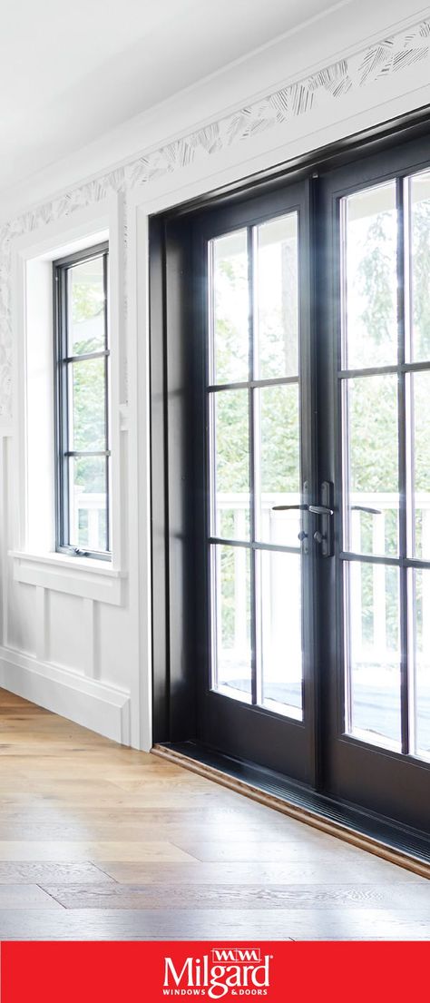 Black French patio doors add a dark elegance to this farmhouse dining room. French doors are available in both sliding door and swinging door operating styles, so, you can achieve the look, no matter which operating style you choose. Featuring Ultra™️ Series Patio Doors in Black Bean. #patiodoorideas #frenchpatiodoors #patiodoormakeover #replacementpatiodoors #newpatiodoorideas Farmhouse Patio Doors, Dining Room French Doors, Black French Doors, Replacement Patio Doors, Hinged Patio Doors, Black Window Trims, French Patio Doors, French Patio, Farmhouse Patio