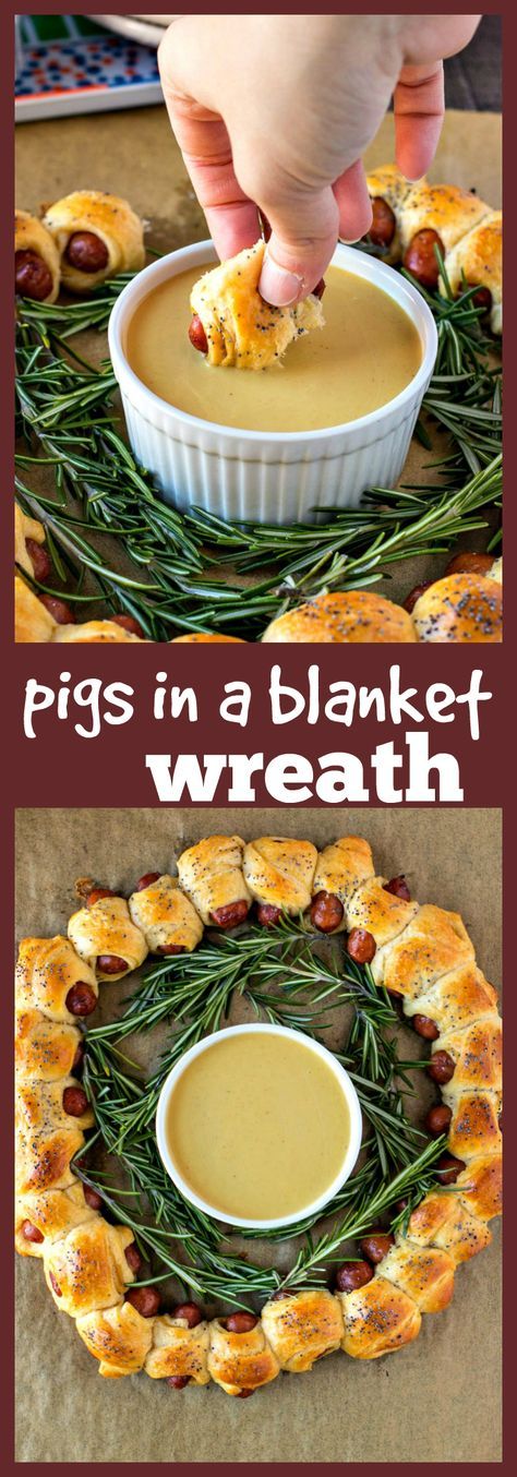 Pigs in a Blanket Wreath – Mini hot dogs wrapped in dough, arranged in a festive wreath, and baked to perfection. Served with Dr Pepper® honey mustard dipping sauce #ad #tailgating #HomeGateChamp #appetizer #partyfood Easy Pigs In A Blanket, Pigs In A Blanket Wreath, Mini Hot Dogs, Honey Mustard Dipping Sauce, Mustard Dipping Sauce, Holiday Appetizers Easy, Christmas Foods, Tailgating Recipes, Pigs In A Blanket