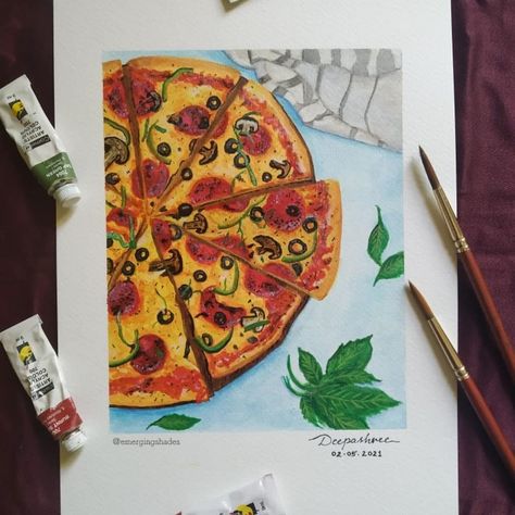 Pizza Watercolor Painting, Pizza Slice Painting, Pizza Canvas Painting, Indian Food Art Painting, Pizza Painting Acrylic, Fast Food Painting, Fast Food Drawing, Acrylic Reference, Pizza Painting