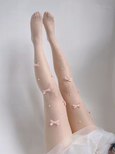 1pair Women Faux Pearl & Bow Decor Fashion Tights For PartyI discovered amazing products on SHEIN.com, come check them out! Pink Tights Outfit, Thigh High Stockings And Tights, Pink Tights, Lace Stockings, Kei Fashion, White Tights, Pearl Bow, Bow Decor, Pink Bows