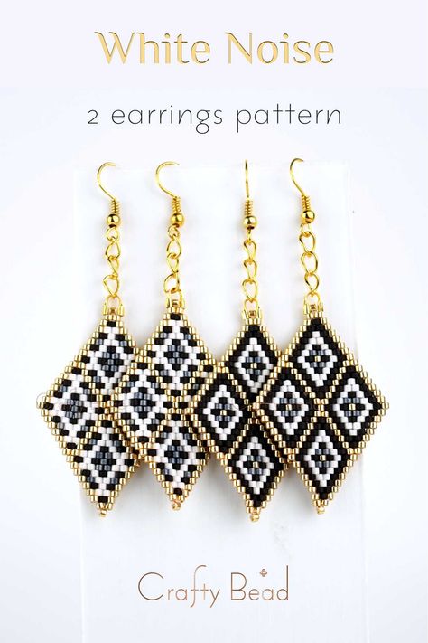 Two brick stitch patterns for posh beaded earrings with stylish and timeless fine textured golden mesh and fancy diamonds. Make a shiny gift Miyuki Beads Pattern Brick Stitch, Brick Stitch Earrings Tutorial, Beaded Earrings Patterns Free, Brick Stitch Earrings Pattern, Brick Stitch Pattern Earring, Brick Stitch Patterns, Miyuki Beads Pattern, Stitch Earrings, Earrings Pattern