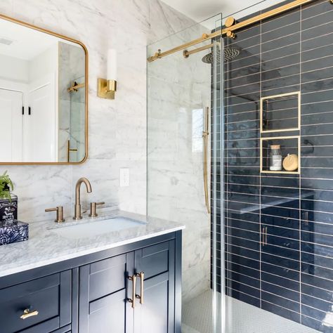 Brass And Navy Bathroom, Bathroom With Blue Cabinets, Basement Update, Blue Shower Tile, Navy Blue Bathrooms, Navy Bathroom, Blue Bathroom Tile, Blue Bathroom Vanity, Blue Bathroom Decor