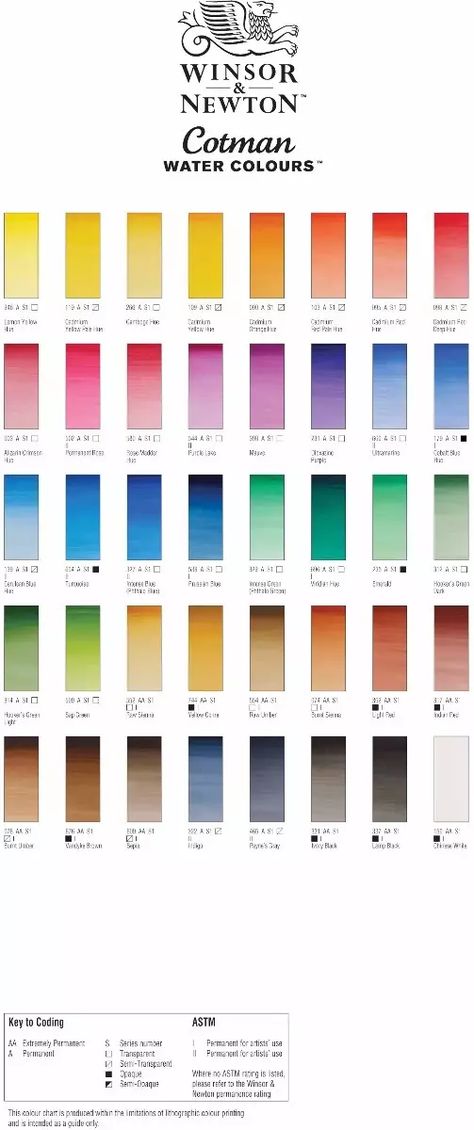 Winsor and Newton Cotman Watercolour Colour Chart Watercolor Chart, Art Loft, Winsor And Newton, Paint Color Chart, Winsor And Newton Watercolor, Colour Mixing, Art And Craft Materials, Watercolor Mixing, Watercolour Paint