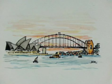 Chennai Paintings, Bridge Watercolor, Australia Skyline, Bridge Tattoo, Micron Pen Art, Bridge Drawing, Architecture Journal, Sydney Skyline, Australia Itinerary