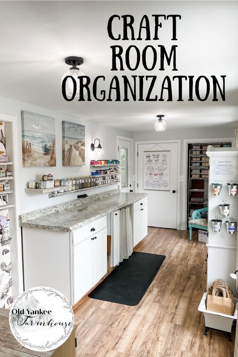 Take a tour of my craft room with organizing ideas for all those supplies! Craft Room Counter, Farmhouse Craft Room Ideas, Rustic Craft Room, Farmhouse Craft Room, Consultation Room, Stones Wall, Crafting Room, Alabama Vacation, Old Kitchen Cabinets