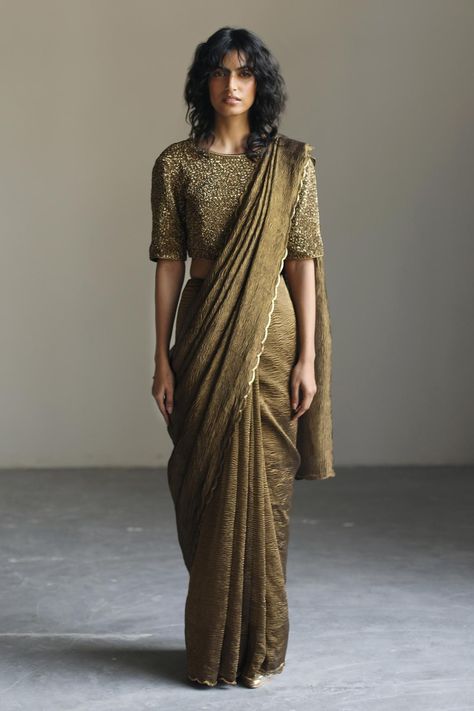 Buy Mimamsaa Gold Chanderi Silk Monica Sequin Work Blouse Online | Aza Fashions Gold Blouse, Designer Saree Blouse Patterns, Scallop Hem, Stylish Sarees, Causual Outfits, Indian Fashion Designers, Organza Saree, Fancy Sarees, Buy Gold