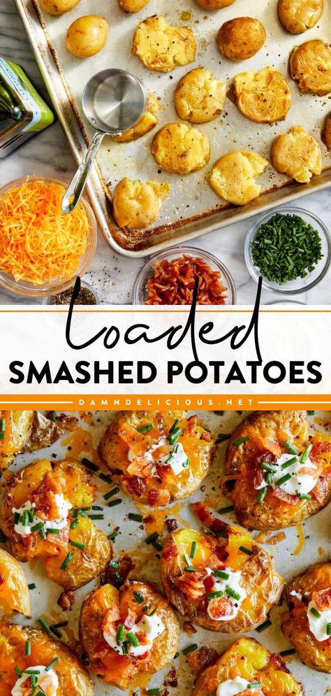 Loaded baked potatoes in bite-size form! Complete with toppings, these crispy smashed potatoes are a New Year recipe or an easy game day food everyone will enjoy. Put these smashed baby potatoes on your Super Bowl party ideas! #SoupShotsandMiniAppetizerBowls Smashed Loaded Potatoes, Mini Baked Potatoes, Easy Game Day Food, Smashed Baby Potatoes, Loaded Smashed Potatoes, Smashed Potatoes Baked, Soup Shots, Super Bowl Party Ideas, Smashed Potatoes Recipe