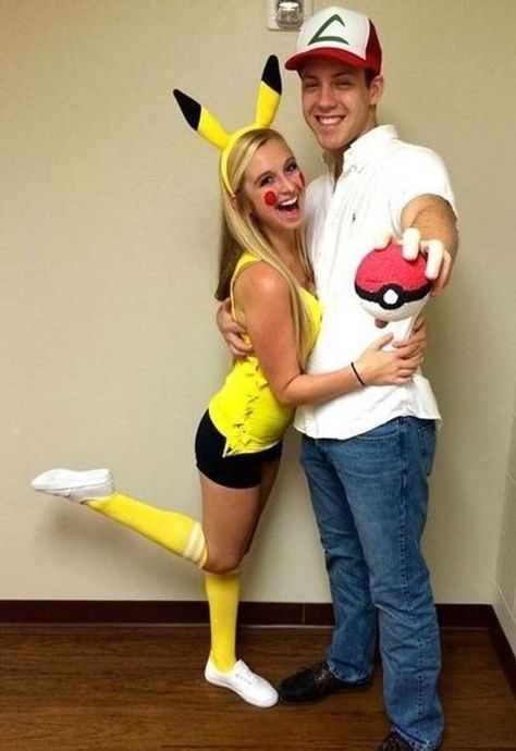 Pokemon Costumes Diy, Easy Diy Couples Costumes, Pikachu Halloween Costume, Pikachu Halloween, Diy Couples Costumes, Pokemon Costumes, Diy Halloween Decor, Cute Couple Halloween Costumes