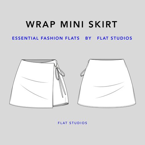 Wrap Mini Skirt - Women's Skirt, Vector CAD, Technical Drawing, Digital Download, Fashion Flat Sketch for Adobe Illustrator Tennis Skirt Technical Flat, Flat Skirt Sketch, Wrap Skirt Sketch, Skirt Flat Sketch Front And Back, Wrap Skirt Technical Drawing, Skirt Templates Patterns, Mini Wrap Skirt Pattern, Mini Skirt Flat Sketch, Mini Skirt Drawing Reference