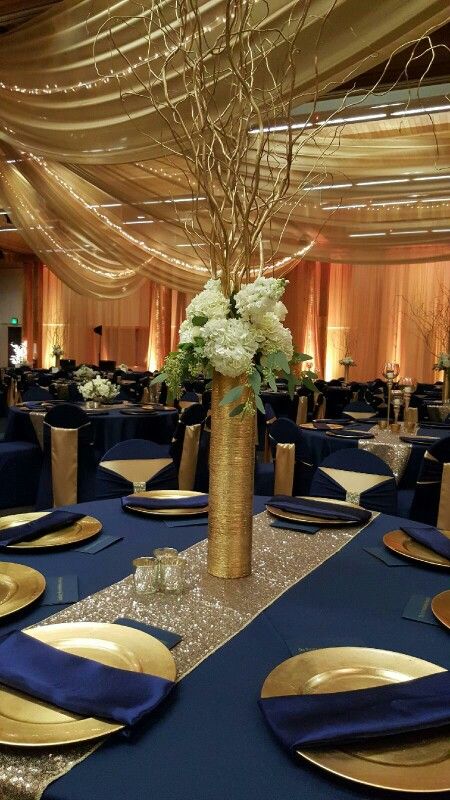 Centerpieces For Conference Events, Navy And Gold Centerpieces, Denim Baby Shower, Royal Blue Wedding Decorations, Royal Blue Quince, Pastor Anniversary, Navy Gold Wedding, Blue Wedding Decorations, Blue Gold Wedding