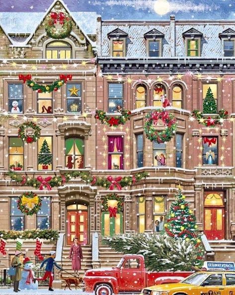 Nyc Brownstone, Christmas In The City, Animated Christmas, Christmas Scenes, 1000 Piece Jigsaw Puzzles, White Mountain, Noel Christmas, Christmas Mood, Christmas Illustration