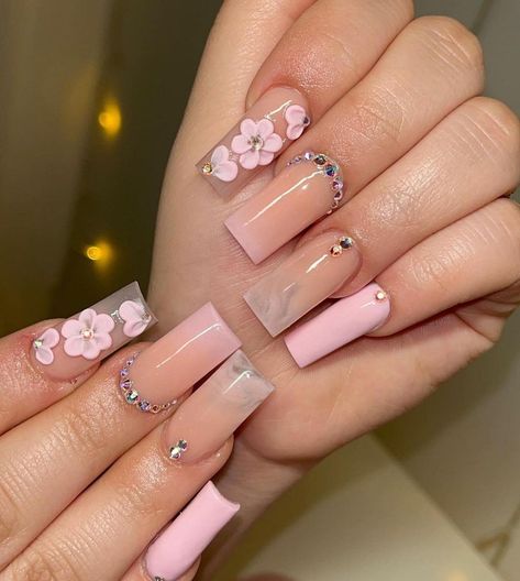 @nailsbylvv Cute Acrylic Nail Designs Medium Length Square, Short Acrylic Nails With 3d Flowers, Medium Square Acrylic Nails Spring, Cute Medium Nails, Medium Acrylic Nails, Acrylic Nails Nude, Nails Medium Length, Purple Acrylic Nails, Red Acrylic Nails