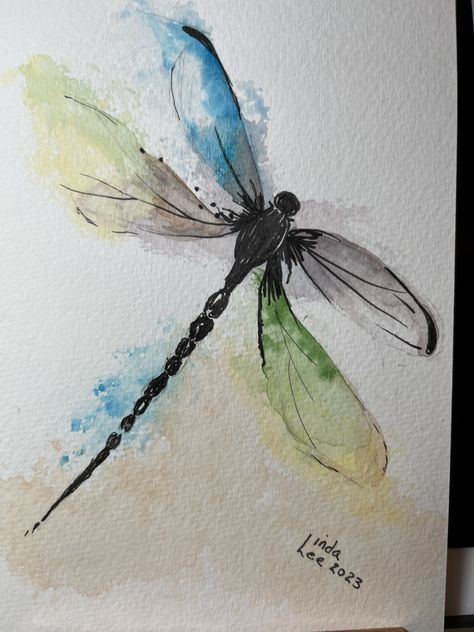 Dragon Fly Watercolor, Watercolour Insects, Watercolor Dragonflies, Dragonfly Watercolor, Dragonfly Painting, Watercolor Dragonfly, Bee Drawing, Abstract Portrait Painting, Watercolor Flowers Tutorial