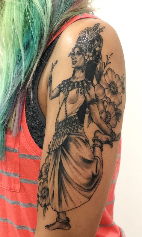 My apasara tattoo on my arm with some flowers Cambodian Flower Tattoo, Apsara Tattoo, Cambodian Flower, Cambodian Tattoo, Khmer Tattoo, Painted Ceramics, Tattoo Meaning, Thai Art, Article Design