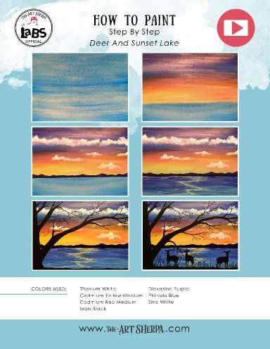 Beginners acrylic painting tutorial | Deer and Sunset Lake | Silhouette Lake Silhouette, Beginners Acrylic Painting, Art Sherpa, The Art Sherpa, Sunset Lake, Acrylic Painting For Beginners, Lake Sunset, Acrylic Painting Tutorials, Painting Tutorial