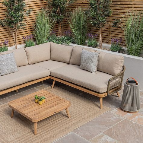 Bali Rope Weave Corner Sofa Set in Sandstone https://www.refinedhomeliving.co.uk/products/bali-rope-weave-corner-sofa-set-in-sandstone Refined Home Living #Hot Garden Corner Sofa Ideas, Garden Lounge Furniture, Garden Cosy Corner, Patio Seating Ideas, Corner Garden Seating, Garden Seating Ideas, Garden Moodboard, Outdoor Seating Ideas, Bali Outdoor