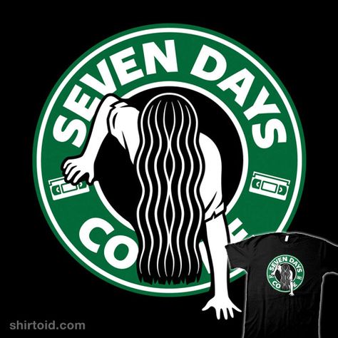 She Never Sleeps #coffee #film #horror #mikehandy #mikehandyart #movie #samara #starbucks #thering Minimal Shirt Design, Coffee Stickers, Never Sleep, Creature Feature, Coffee Humor, Sport Team Logos, Print On Demand, Ghost, Shirt Designs