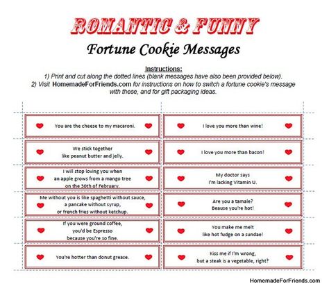 Free downloadable template for romantic and funny fortune cookie messages. Fortune Cookie Sayings, Funny Fortune Cookies, Cookie Puns, Cookie Sayings, Fortune Cookie Messages, Fortune Cookie Quotes, Idea Template, Date Activities, Message For Husband