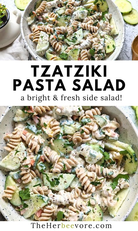 Healthier Pasta Salad, Tzatziki Pasta Salad, Vegetarian Potluck Recipes, Tzatziki Pasta, Pasta Salad Vegetarian, Healthy Cookout, Tzatziki Dressing, Pasta Side Dish, Easy Tzatziki