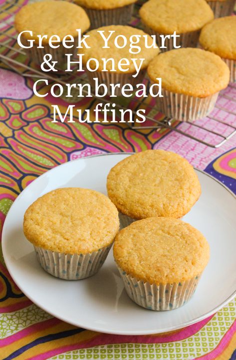 Yogurt Cornbread Recipe, Yogurt Baking Recipes, Corn Muffin Recipes, Cornbread Cakes, Homemade Corn Muffins, Greek Yogurt And Honey, Love In Greek, Fodmap Baking, Honey Cornbread Muffins