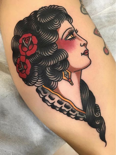 Tattoo uploaded by Tattoodo | Lady head tattoo by La Dolores #LaDolores #tattooartist #tattoodo #tattoodoapp #awesometattoo #besttattoo #traditional #rose #ladyhead #portrait #color | 1172029 | Tattoodo Lady Head Tattoo, Traditional Tattoo Meanings, Traditional Tattoo Girls, Traditional Tattoo Woman, Desenhos Old School, Tato Tradisional, Tato Dengan Makna, Traditional Tattoo Inspiration, Traditional Style Tattoo