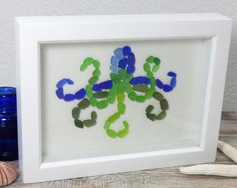 Sea Glass Octopus - Real Blue and Green Seaglass Art Mosaic - Framed Original - White Frame - Stand up or Hang Sea Glass Diy, Glass Octopus, Sea Glass Art Diy, Sea Glass Mosaic, Sea Glass Art Projects, Seaglass Art, Beach Glass Crafts, Jewelry For Kids, Glass Window Art