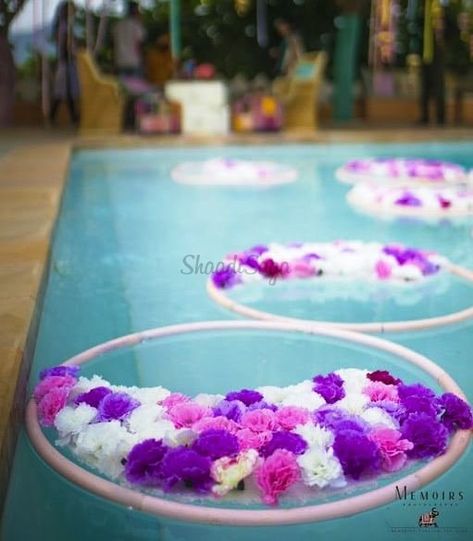 Poolside Wedding Ceremony, Colourful Floor, Mehandi Ceremony, Poolside Wedding, Poolside Decor, Miniature Candles, Floor Decoration, Telugu Wedding, Wedding Planning Websites