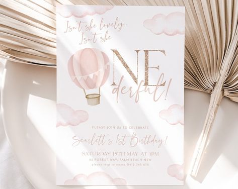 Baby Girl Onederful 1st Birthday Invitation Rose Gold Butterfly Rainbow Tea Party Invite Printable Editable Digital Download Template P179 - Etsy Qatar Air Balloon Invitation, First Birthday Decorations Girl, Hot Air Balloon Invitation, Invitation 1st Birthday, Balloon Invitation, 1st Birthday Girl, Girl Birthday Decorations, Printable Invitation Templates, 1st Birthday Invitation