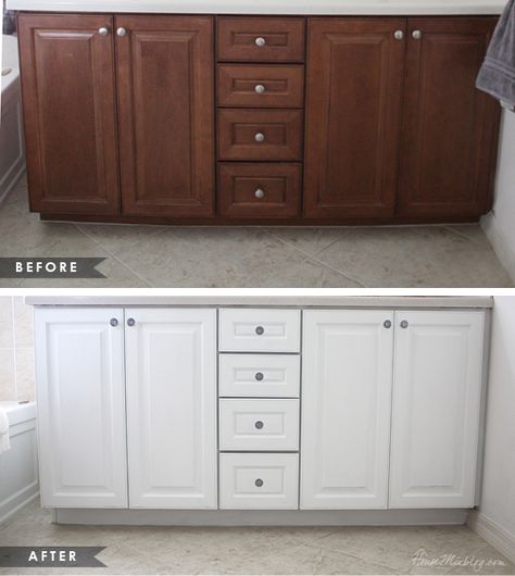 How to paint cabinets without removing doors – House Mix Bathroom Cabinet Colors, How To Paint Kitchen Cabinets, Wood Tile Bathroom, Dark Wood Bathroom, Paint Kitchen Cabinets, Painting Bathroom Cabinets, Vanity Makeover, Bathroom Vanity Makeover, White Bathroom Cabinets