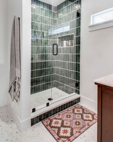 BuildTX Solutions on Instagram: “Green hues and showers. A combo we enjoy... Happy St. Patrick’s Day! ☘️💚 Design : @ch_design.studio Photography : @desireerobertsdotcom” Bedrosians Tile, Calacatta Gold Marble, Handcrafted Tile, Tile Saw, Green Tile, Ceramic Wall Tiles, Gold Marble, Color Tile, Shower Wall