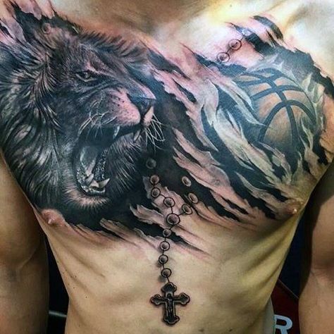 Roaring Tiger With Basketball And Cross Ripped Skin Guys Cover Up Chest Tattoo Chest Tattoo Cover Up, Lion Chest Tattoo, 43 Tattoo, Ripped Skin Tattoo, Cover Up Tattoos For Men, Best Neck Tattoos, Cross Tattoo For Men, Men Chest, Cool Chest Tattoos