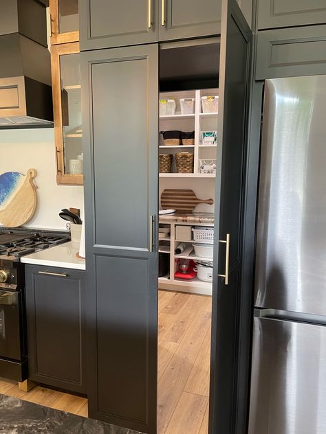 Side Door Entry Into Kitchen, Fridge Pantry Combo, Pantry Door That Looks Like A Cabinet, L Shaped Kitchen With Hidden Pantry, Closet Laundry Ideas, Kitchen Secret Storage, Pantry Around Refrigerator, Hidden Pantry Walk In, Kitchen Village