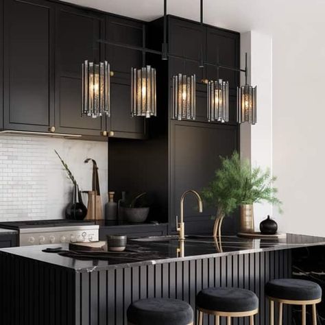 Tifany Modern 5-Light Black Chandelier Linear Colored Glass Kitchen Island Lights - L45"* W4.3"* H16.2" - On Sale - Overstock - 37669113 Chandelier Candle, Black Kitchen Island, Ideal House, تصميم للمنزل العصري, Rectangle Chandelier, Modern Transitional, Kitchen Inspiration Design, Interior Modern, Kitchen Pendant Lighting