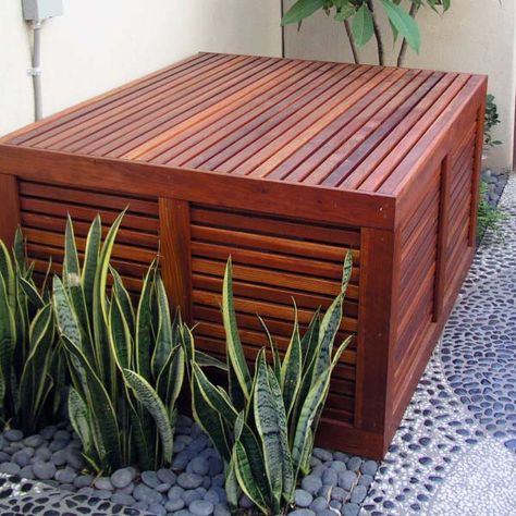 Stained Wood Pool Equipment Enclosure Ideas Outdoor Ac Unit, Air Conditioner Hide, Pool Equipment Cover, Pool Equipment Enclosure, Air Conditioner Design, Ac Unit Cover, Ideas De Piscina, Hidden Pool, Air Conditioner Cover