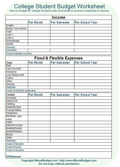 College Student Budget Worksheet - Free Printable Worksheet from MomsBudget.com Student Budgeting, Budgeting Worksheets Free, College Student Budget, College Budget, College Budgeting, Budget Spreadsheet Template, College Expenses, Student Of The Month, Budget Template Free