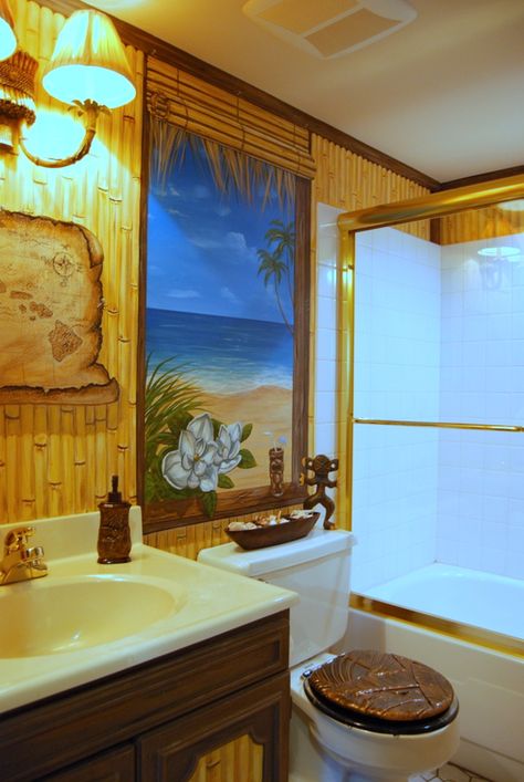 Hawaiian Beach Themed Mural by Tom Taylor of Wow Effects, painted in a bathroom in Crofton, Maryland. Hawaiian Bathroom, Beach Themed Bathroom Decor, Beach Themed Bathroom Ideas, Themed Bathroom Ideas, Bathroom Ideas Beach, Bathroom Accessories Uk, Room Beach Decor, Beach House Bathroom Decor, Beach Decor Diy